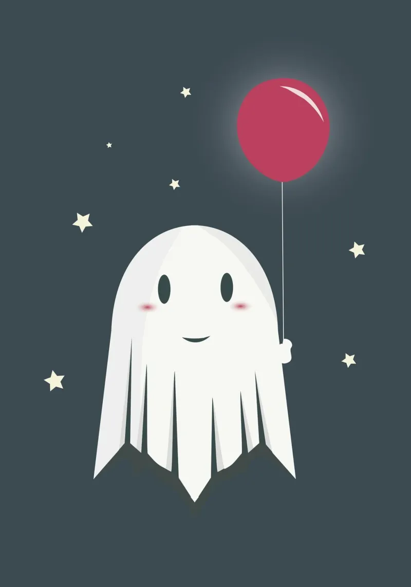 Cheerful ghost with balloon - playful Halloween motif poster with aluminum frame by namosh