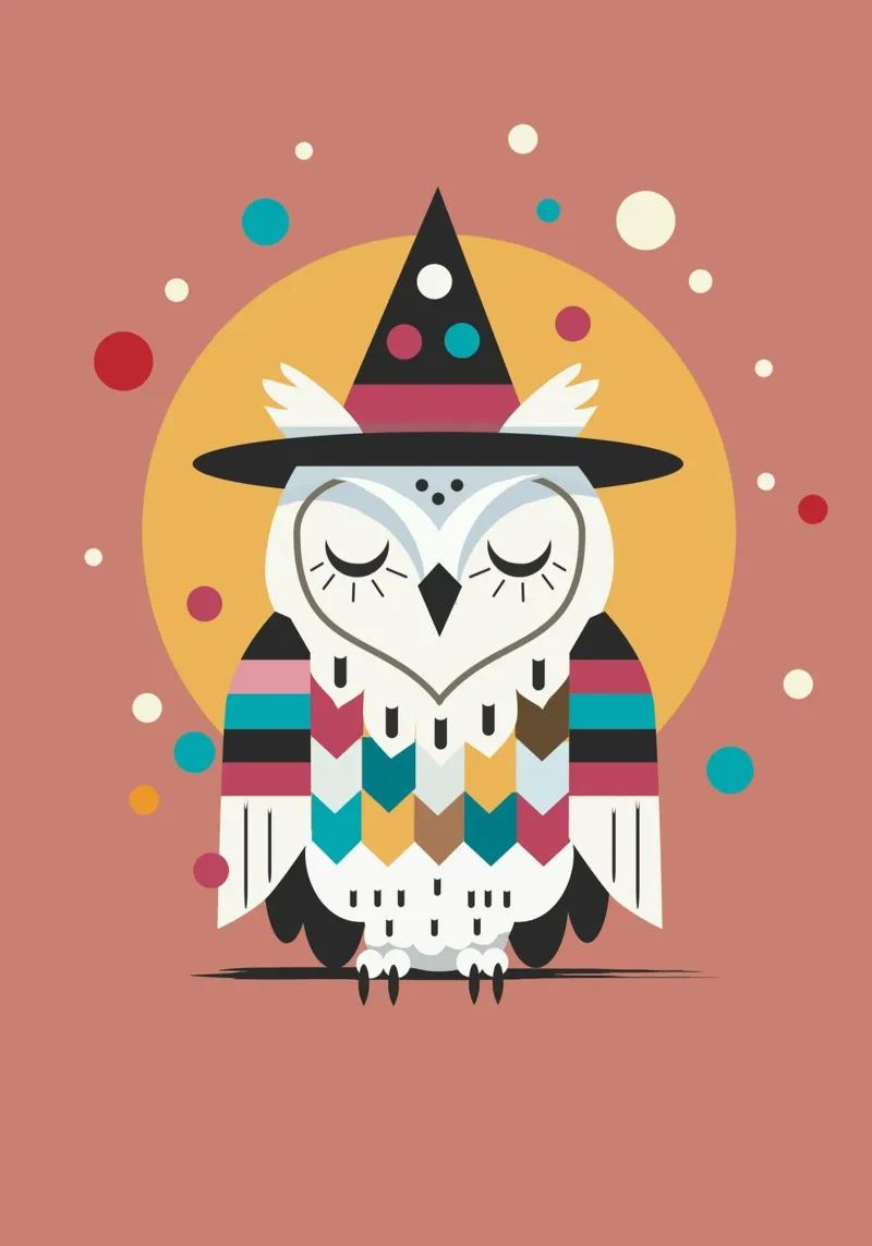 Gufo di Halloween con cappello da strega - Motivo colorato per Halloween poster con telaio in alluminio da namosh