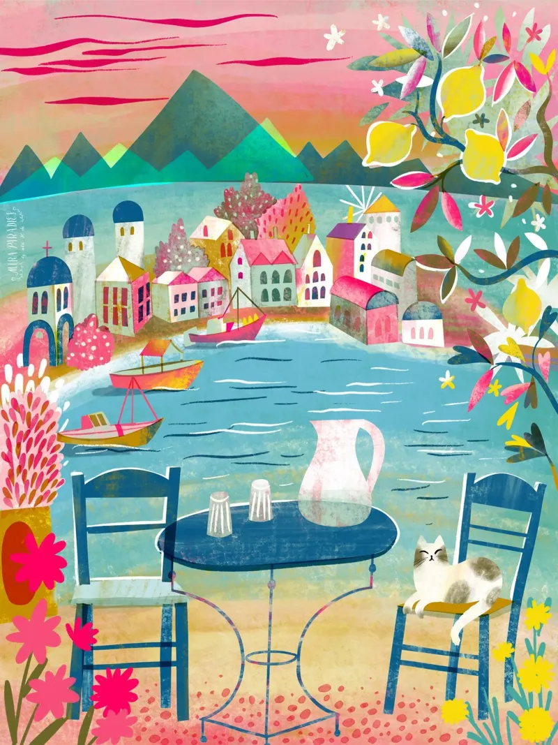Greek Tavern With Cat Under Lemon Tree alu-dibond by MiraParadies