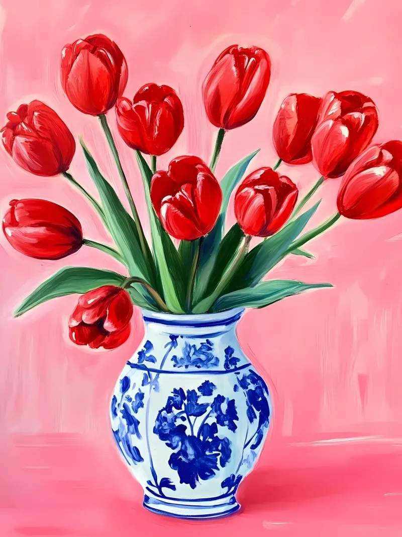 Tulipani rossi in vaso poster con telaio in legno da IamHomeStudio