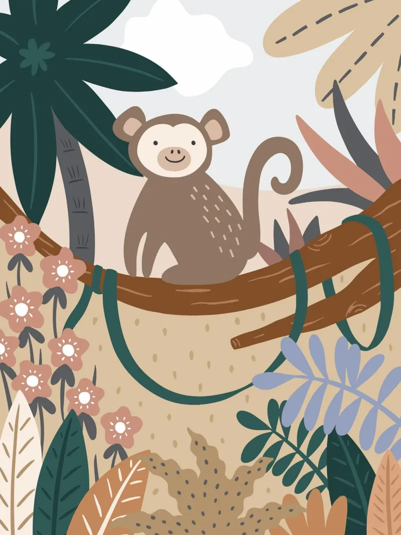 Murale Jungle Monkey Boho, poster per bambini, camera dei bambini alluminio dibond da Edina Varga Prints
