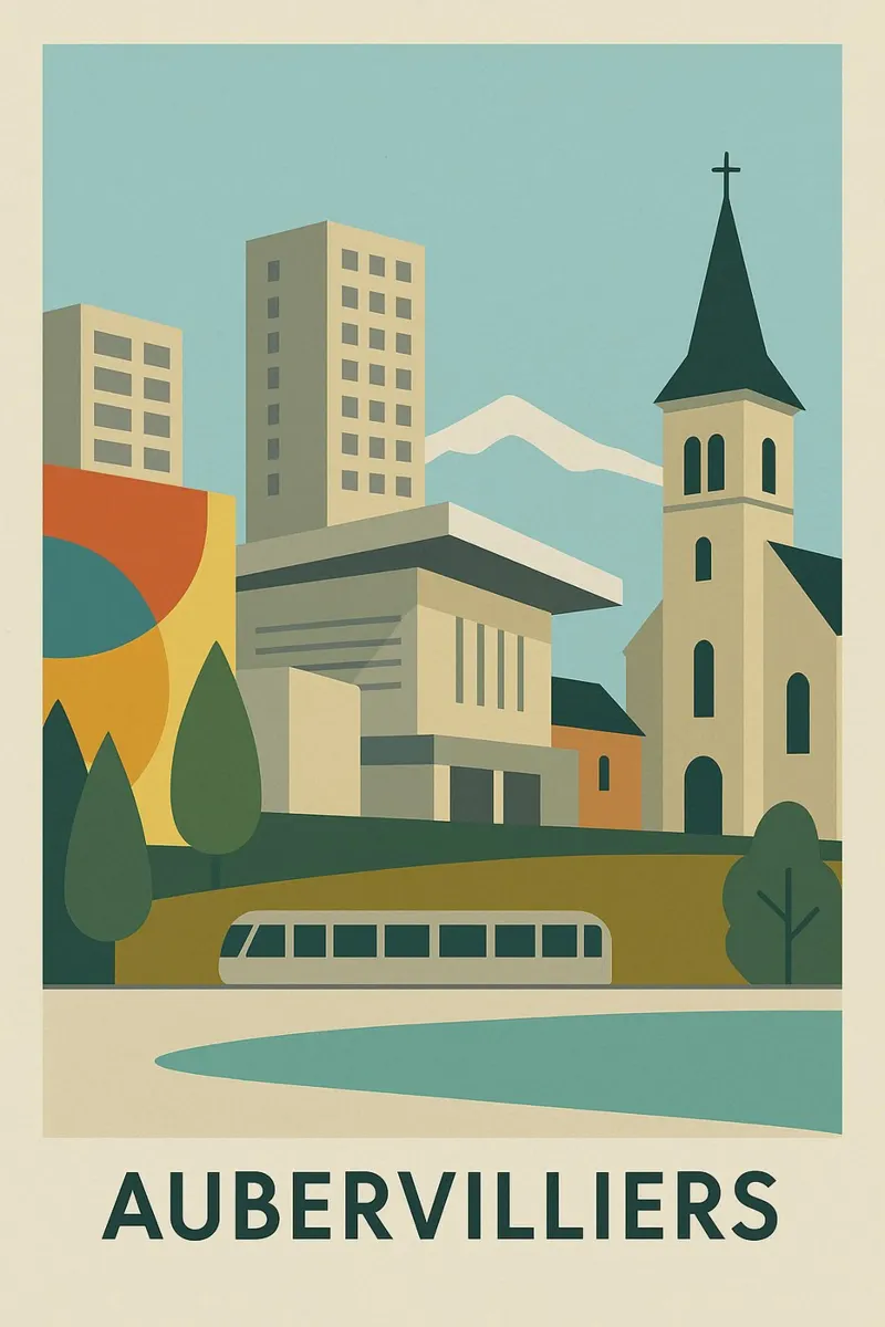 AUBERVILLIERS - Tra cemento, colori e orizzonte poster con telaio in alluminio da JETLAG | affiches voyage