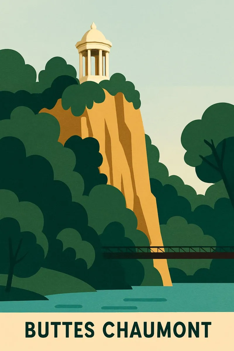 BUTTES CHAUMONT - Fuga nel cuore di Parigi poster con telaio in legno da JETLAG | affiches voyage