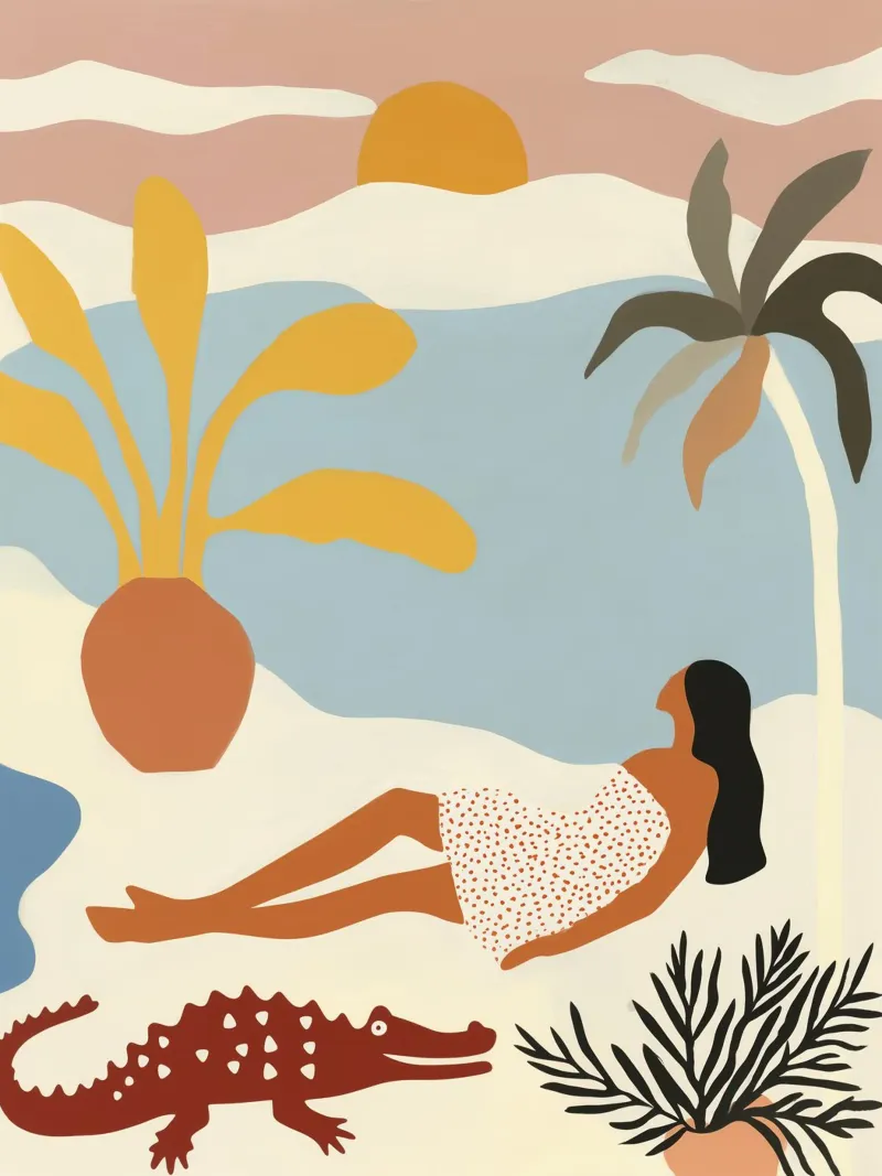 Es wird Abend am Pool | Naive Urlaubsfantasie Poster mit Holzrahmen von Autofocus