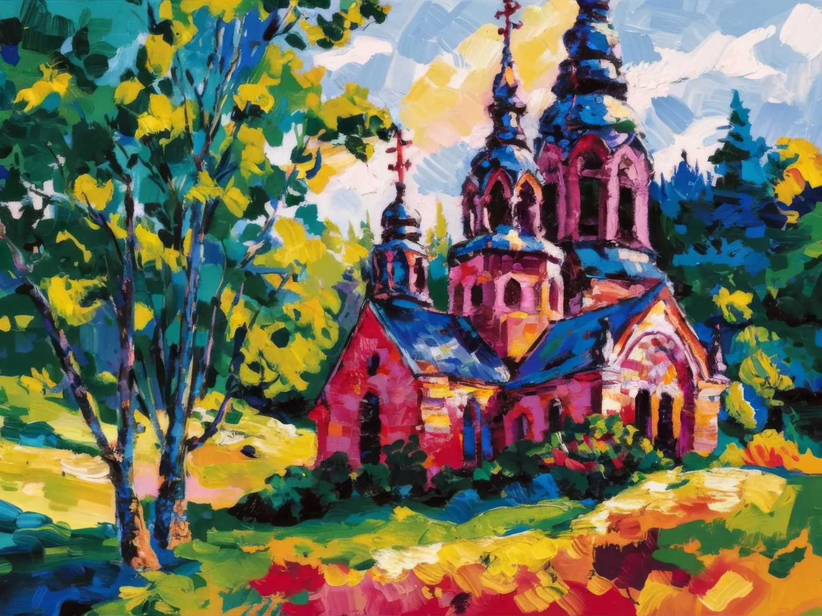 Fioritura della chiesa di Vermillion poster con telaio in legno da Lush Essence