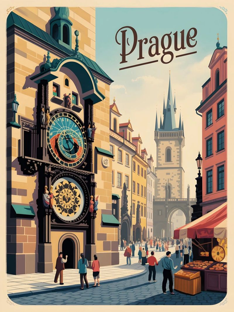 Prague Horloge astronomique Affiche de voyage vintage poster de Vintage Travel Art