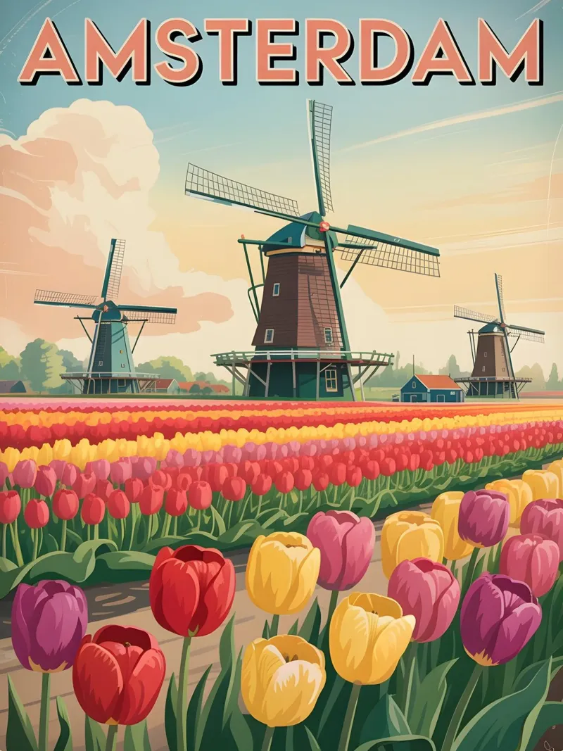 Poster di viaggio vintage sui tulipani di Amsterdam poster con telaio in plastica da Vintage Travel Art