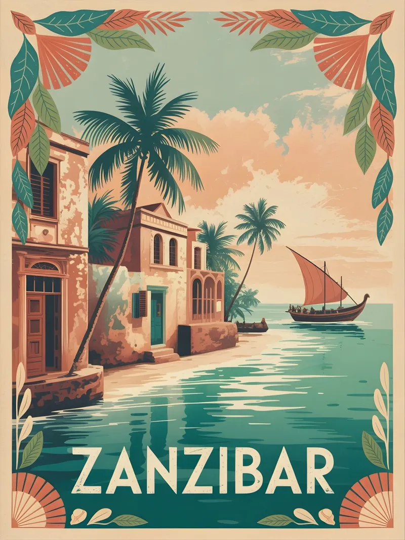 Poster di viaggio vintage di Zanzibar poster con telaio in plastica da Vintage Travel Art