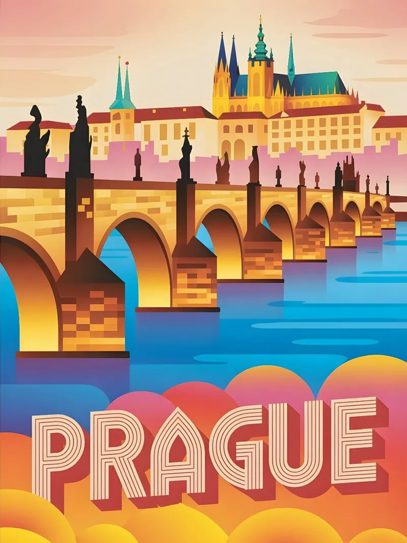 Poster di viaggio vintage retro di Praga poster con telaio in legno da Vintage Travel Art