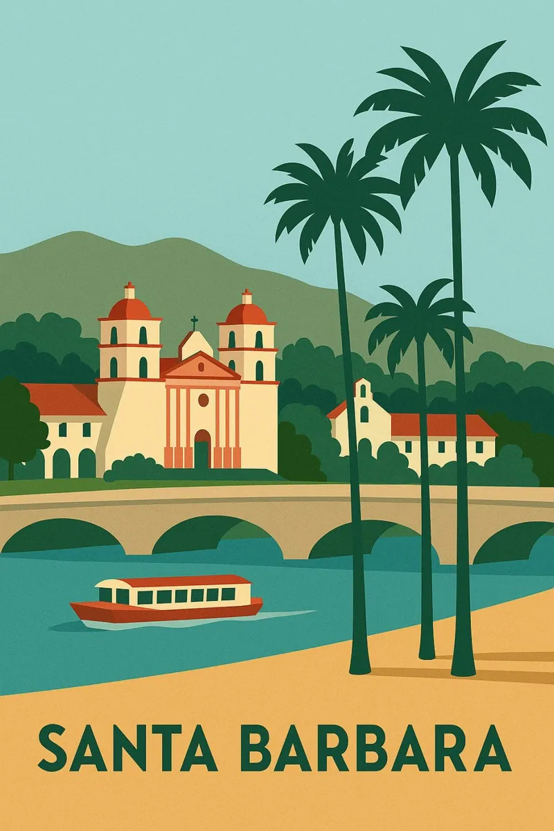 Santa Barbara - Mission, Palm trees e Golden Beach poster con telaio in alluminio da JETLAG | affiches voyage