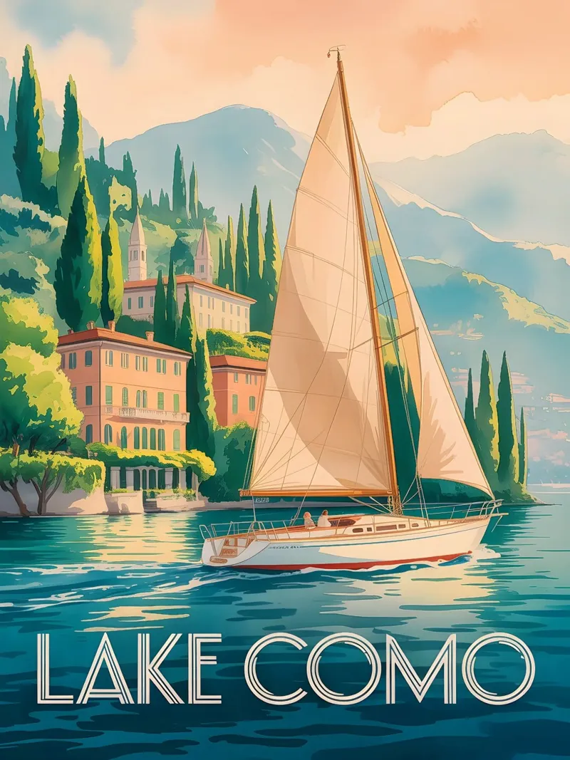 Poster di viaggio del Lago di Como ad acquerello pellicola backlit da Vintage Travel Art