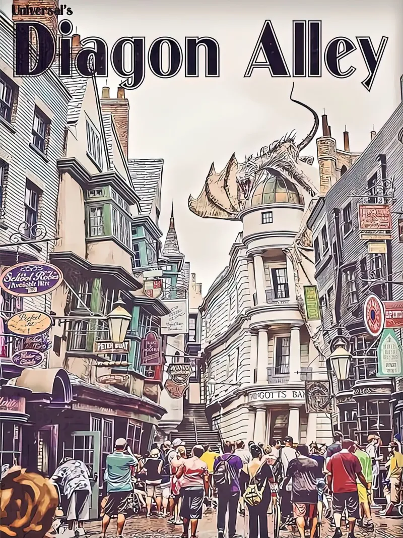 Universali Diagon Alley poster con telaio in alluminio da Alice Slatera