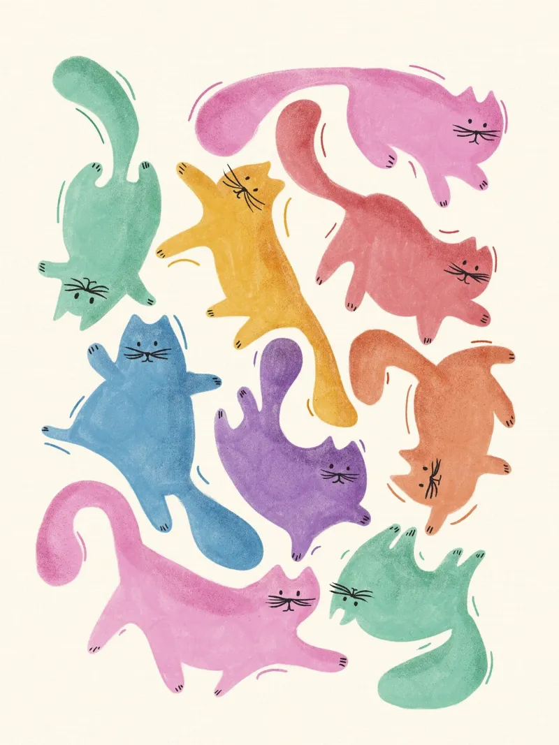 Gatti arcobaleno giocosi - Stampa d'arte di animali stravaganti alluminio dibond da showmemars
