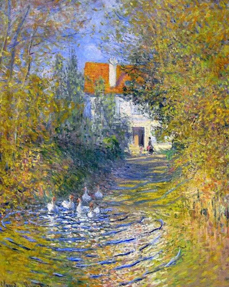 anatre nello stagno vicino alla casa di mattoni claude monet poster con telaio in alluminio da belong shop