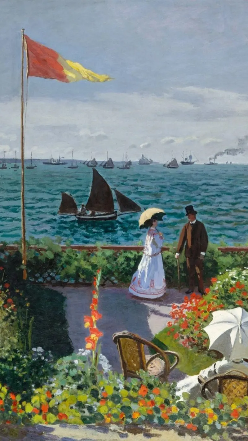 vrouw met paraplu uitzicht oceaan golven zeilboot claude monet poster met kunststof frame van belong shop