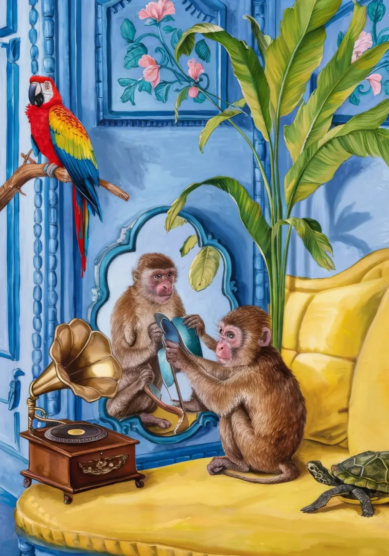 Menagerie di sedie azzurre poster con telaio in legno da Infinite Chroma