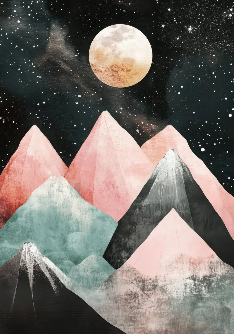 Pastel Moon over Watercolor Peaks poster con telaio in legno da Niklas