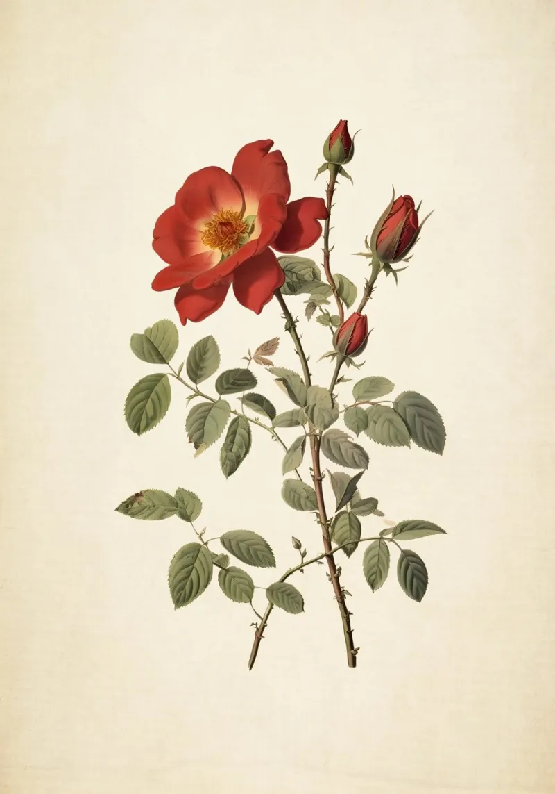 Vintage Wild Rose Botanical Print - Rustic Red Rose Art hahnemühle de ClubArt