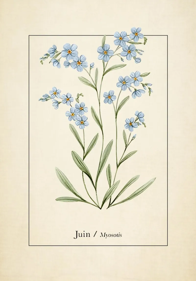 Myosotis Alpestris print - Vintage vergeet-mij-niet botanisch A canvas met Baklijst van ClubArt