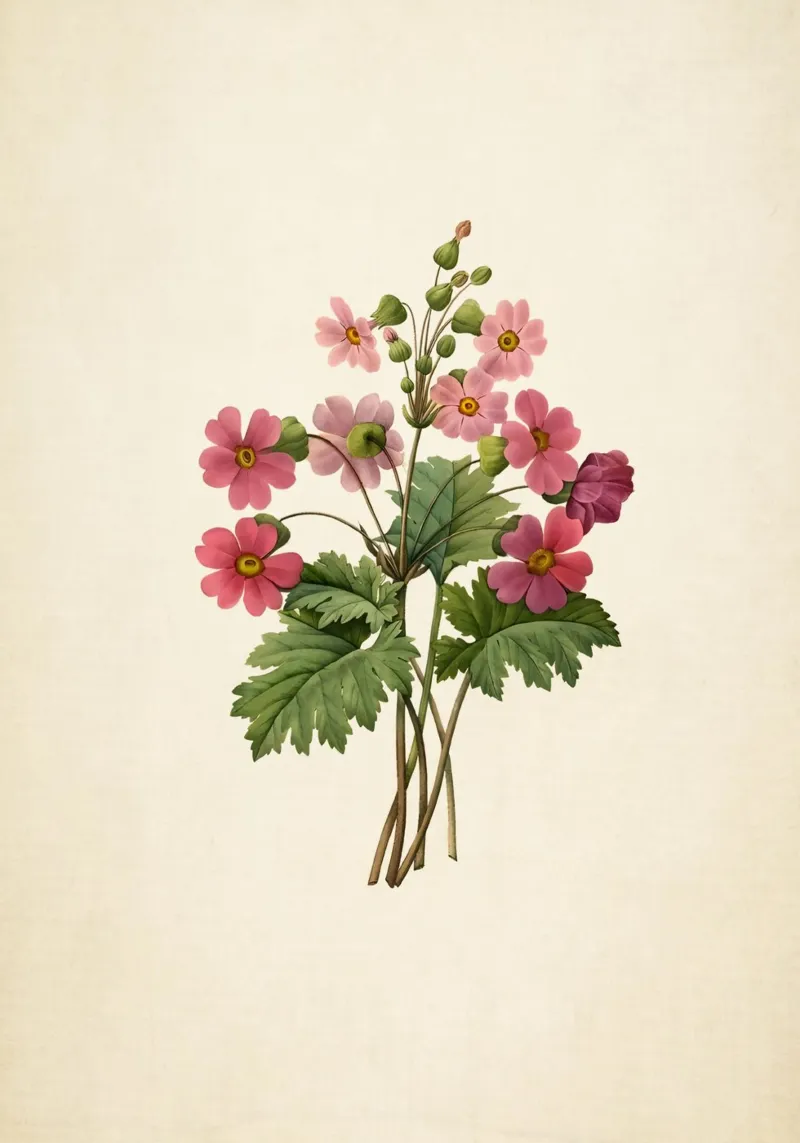 Redouté Primula Sinensis Print - Vintage Roze Bloemsierkunst canvas met Baklijst van ClubArt