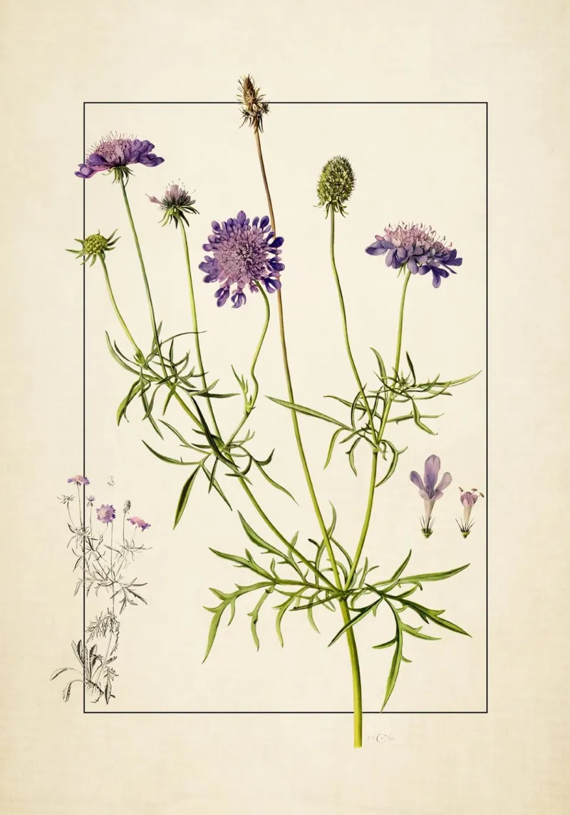 Stampa Scabiosa Columbaria - Fiore vintage a cuscino viola pellicola backlit da ClubArt