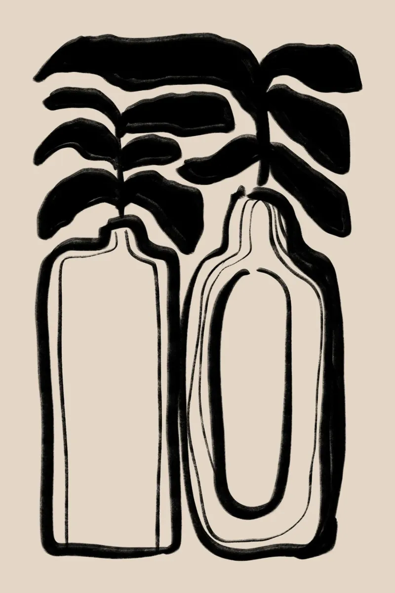 Abstract Black Vases with Leaves on Beige canvas with Floater frame by Melloi Art Print