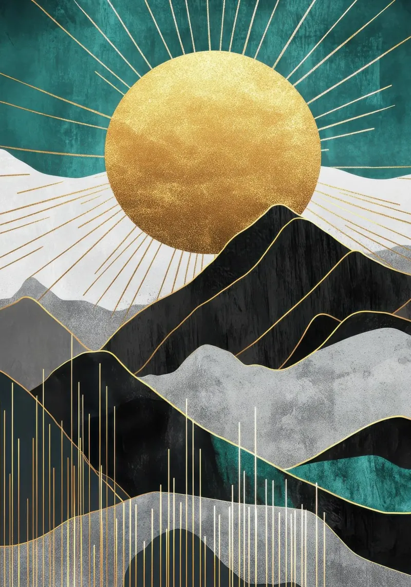 Il sole dorato sulle montagne verdi e grigie carta hahnemühle da Niklas