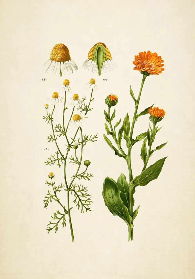 Stampa Calendula e camomilla - Arte botanica d'epoca alle erbe poster con telaio in alluminio da ClubArt