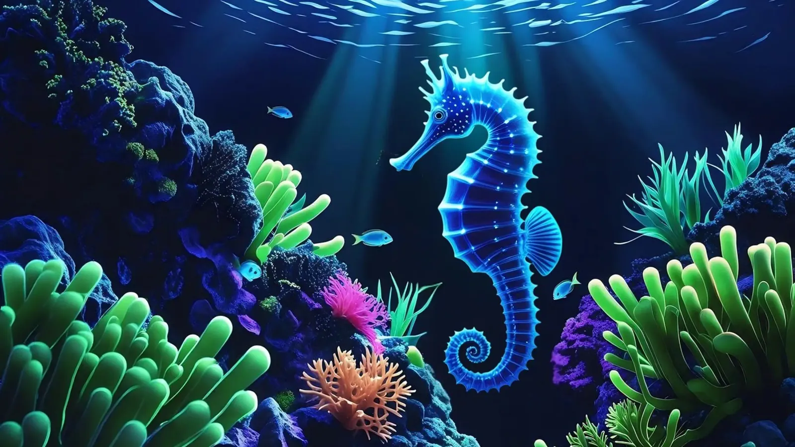 ✨🐠 Twilight Drift ✦ Neon Seahorse in Blooming Reefs 🌙 (1) alu dibond de LUMAQUA STUDIO