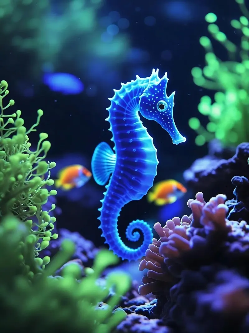 ✨🐠 La deriva del crepúsculo ✦ Caballito de mar de neón en arrecifes florecientes🌙 (2) lámina retroiluminada de LUMAQUA STUDIO