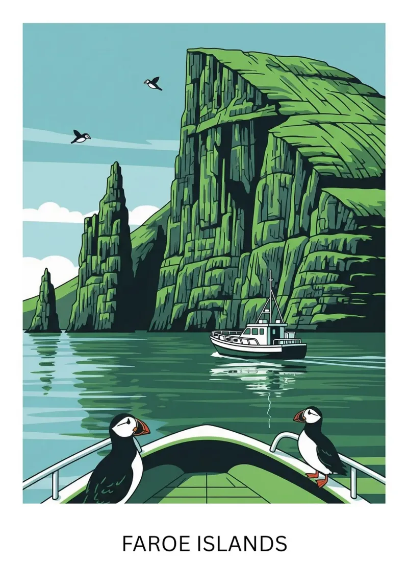 Faroe Islands: Puffin Approved poster con telaio in alluminio da ZEN VACATION