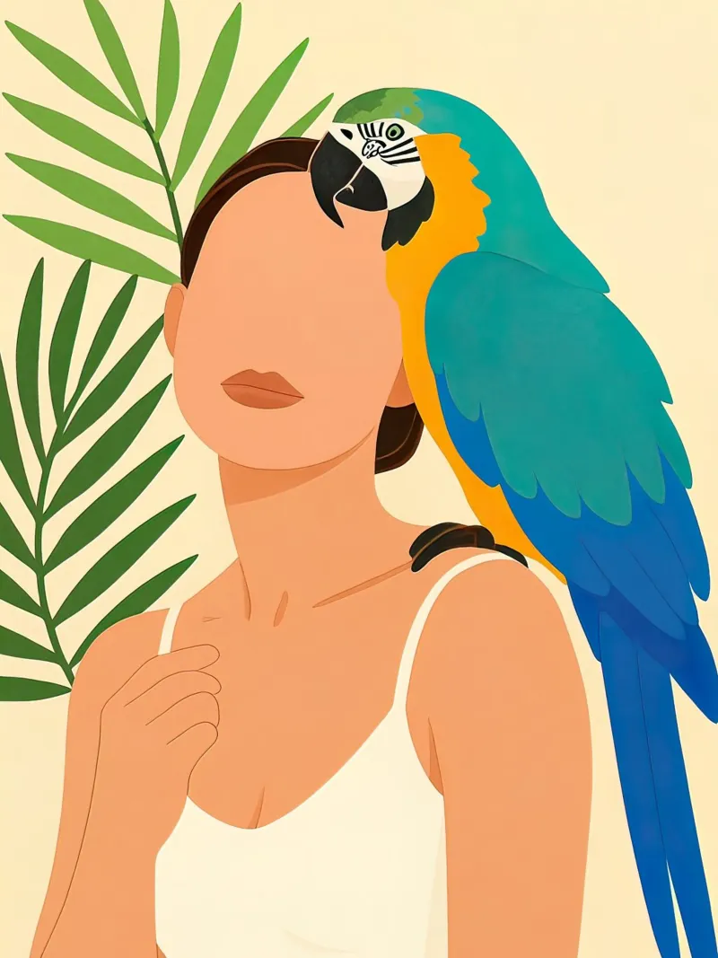 Woman with Macaw Parrot Illustration hahnemühle by 🎁 ARTVI-SHOP