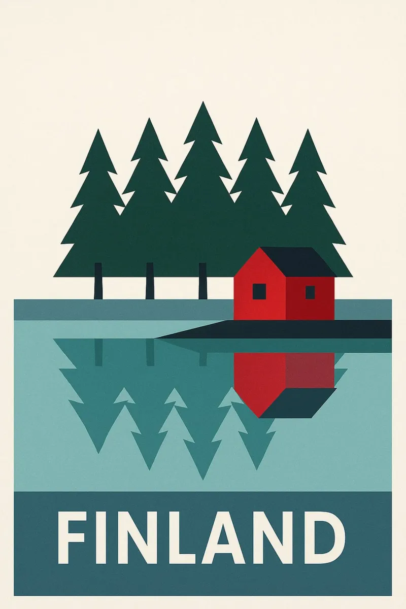 Finlandia - Serenità nordica e cabina in riva al lago poster con telaio in plastica da JETLAG | affiches voyage