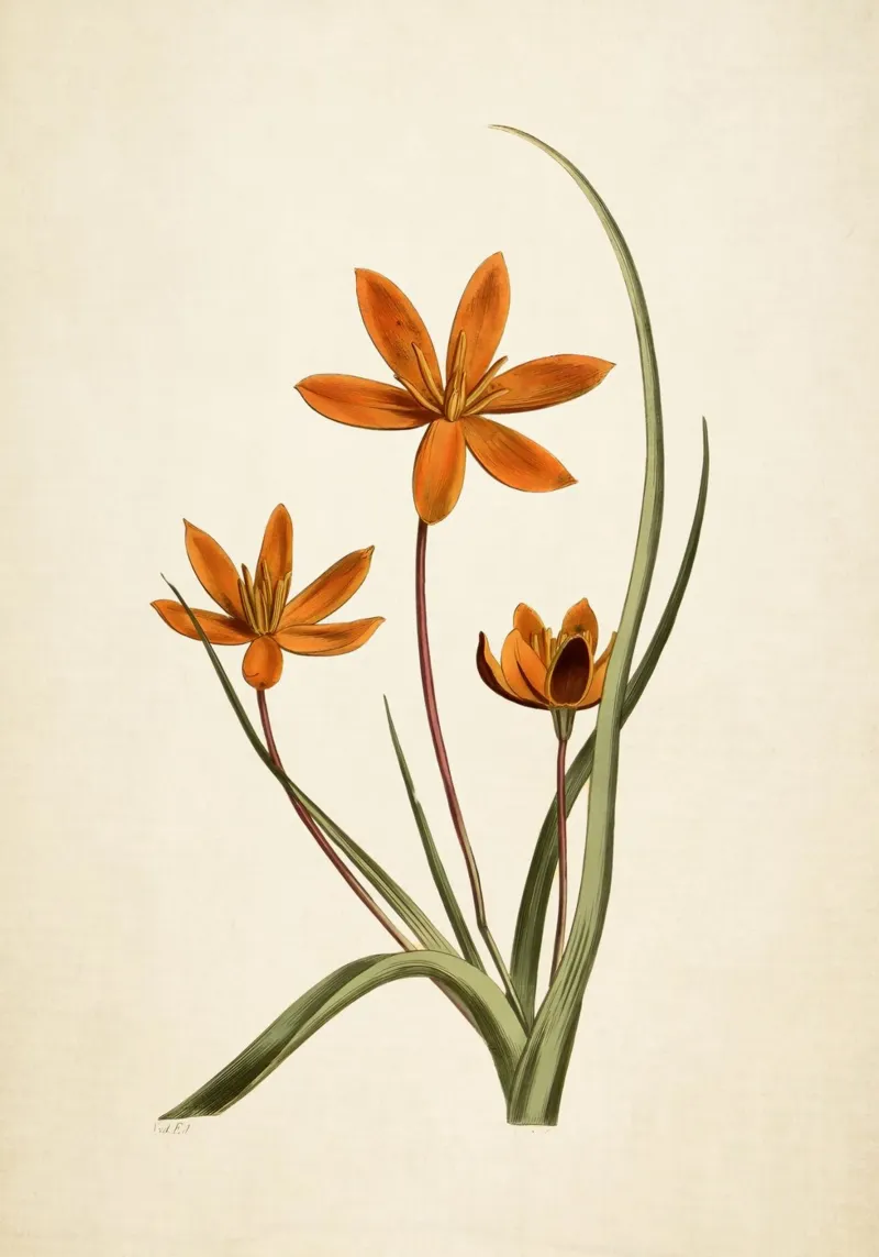 Stampa botanica arancione vintage di fiori di stella - Ar rustico floreale pellicola backlit da ClubArt