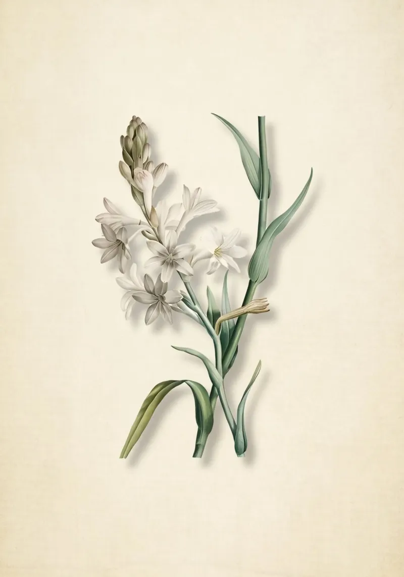 Botanische print van tuberoos - Wit bloemsierkunst canvas met Baklijst van ClubArt