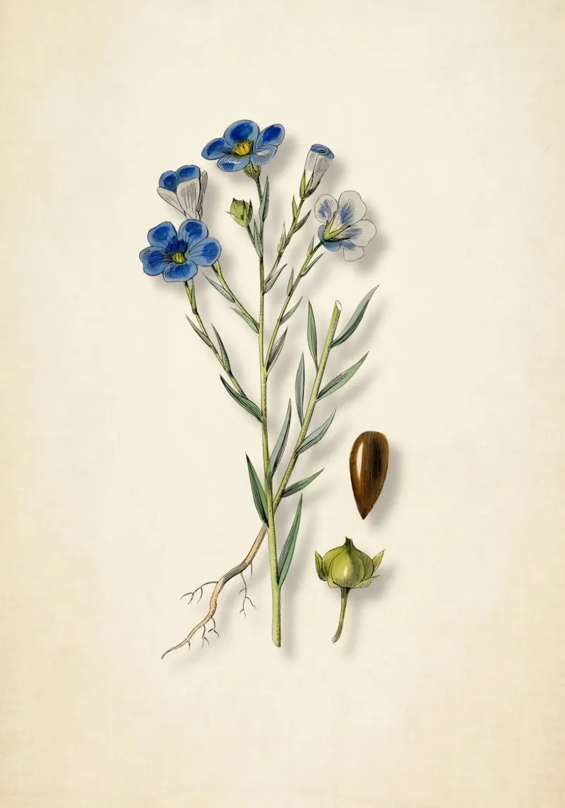 Vintage Blue Flax Botanical Print - Seed & Root Nature Art poster with wooden frame by ClubArt