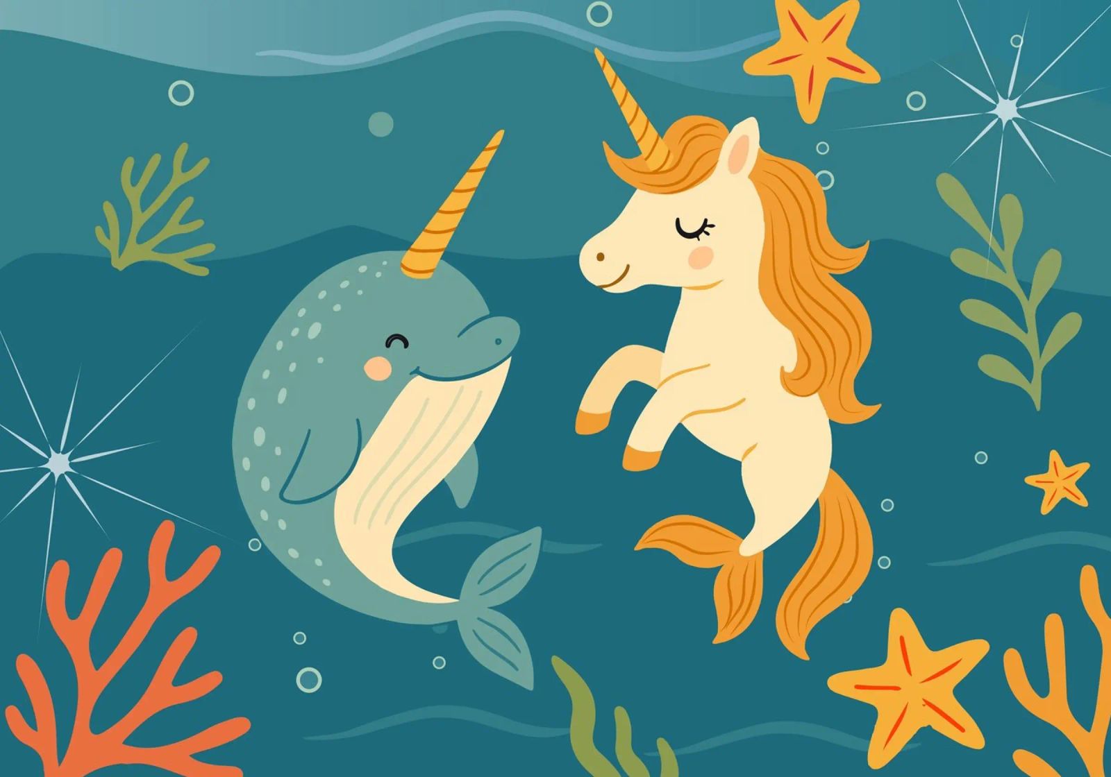 Une douce licorne des mers et un joyeux narval poster de namosh