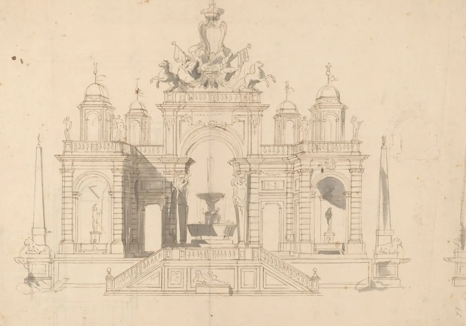 Vintage Fountain Sketch - Classical Architectural Drawing canvas with Floater frame by ClubArt