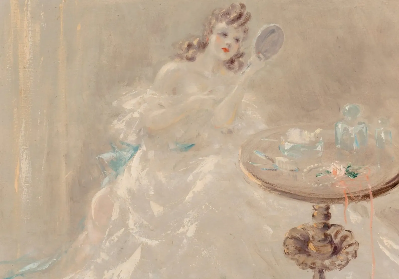 Vintage Woman at Vanity - Pastel Glamour Art Print forex plate by ClubArt