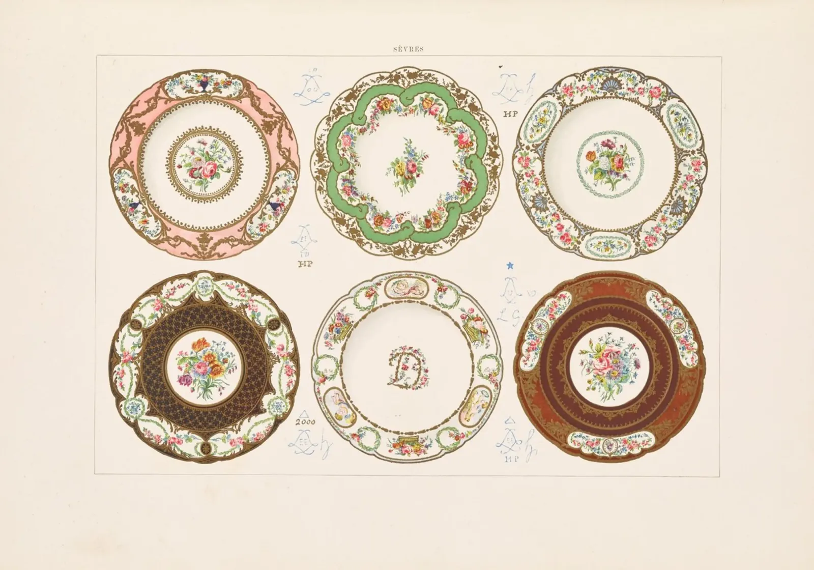 Piatti di Sèvres d'epoca - Arte floreale rococò in porcellana poster con telaio in legno da ClubArt