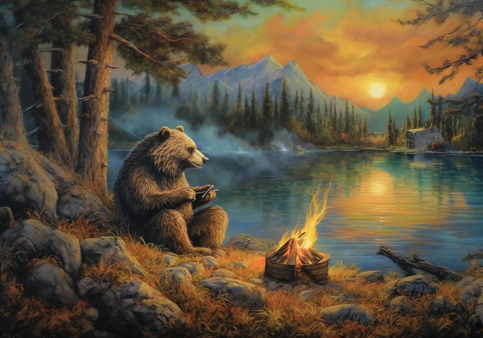 Grizzly beer kampvuur canvas met Baklijst van Fleur de Lys