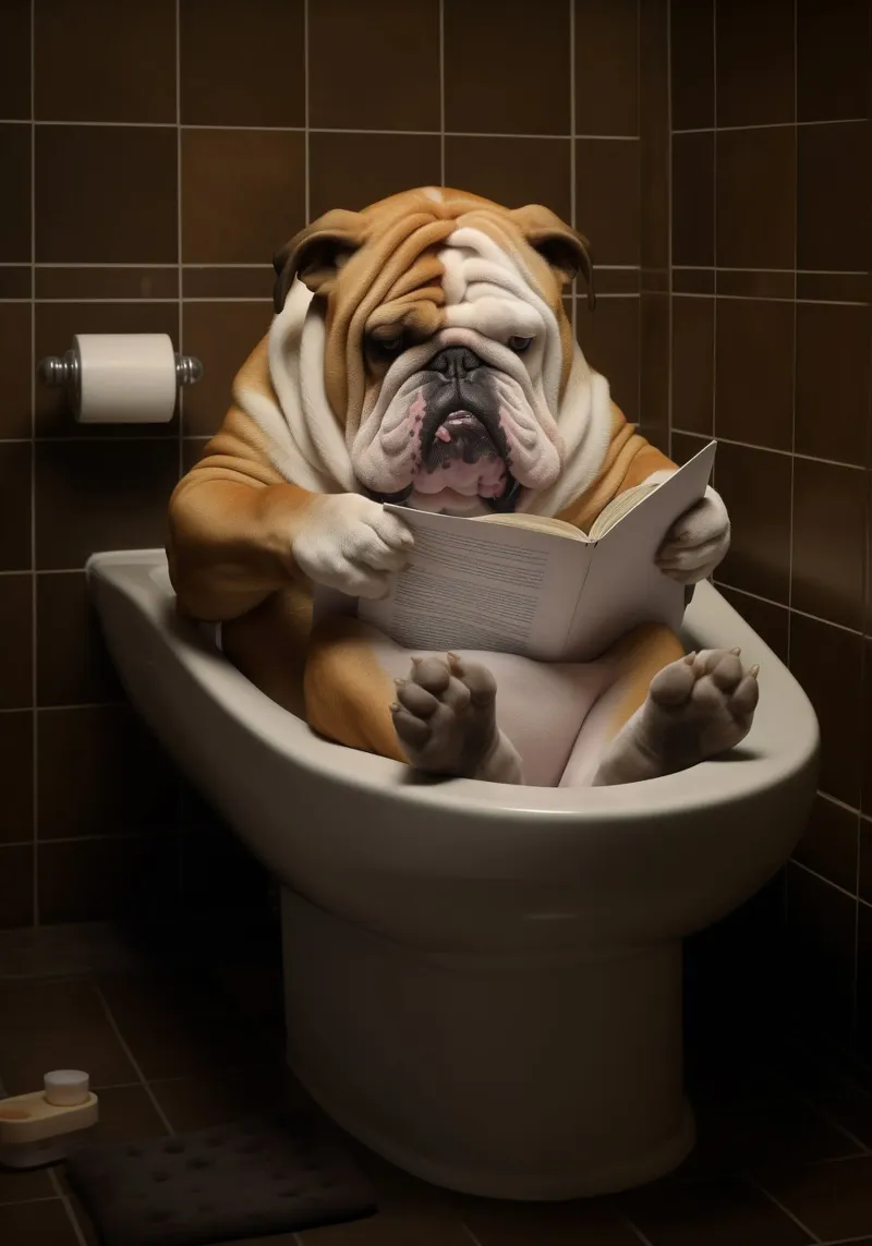 Bull Dog leyendo un libro en el retrete poster de Fleur de Lys