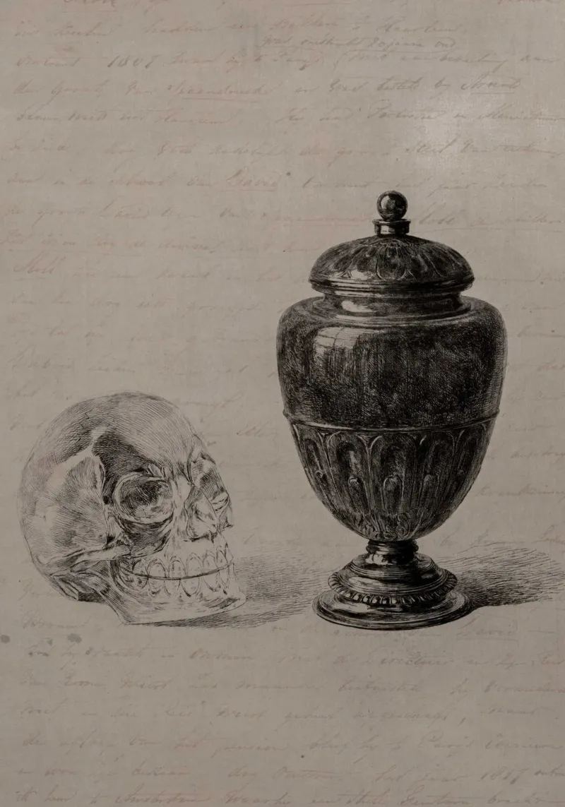 Vintage Vanitas Schedel & Urn Print - Dark Academia Art canvas met Baklijst van ClubArt