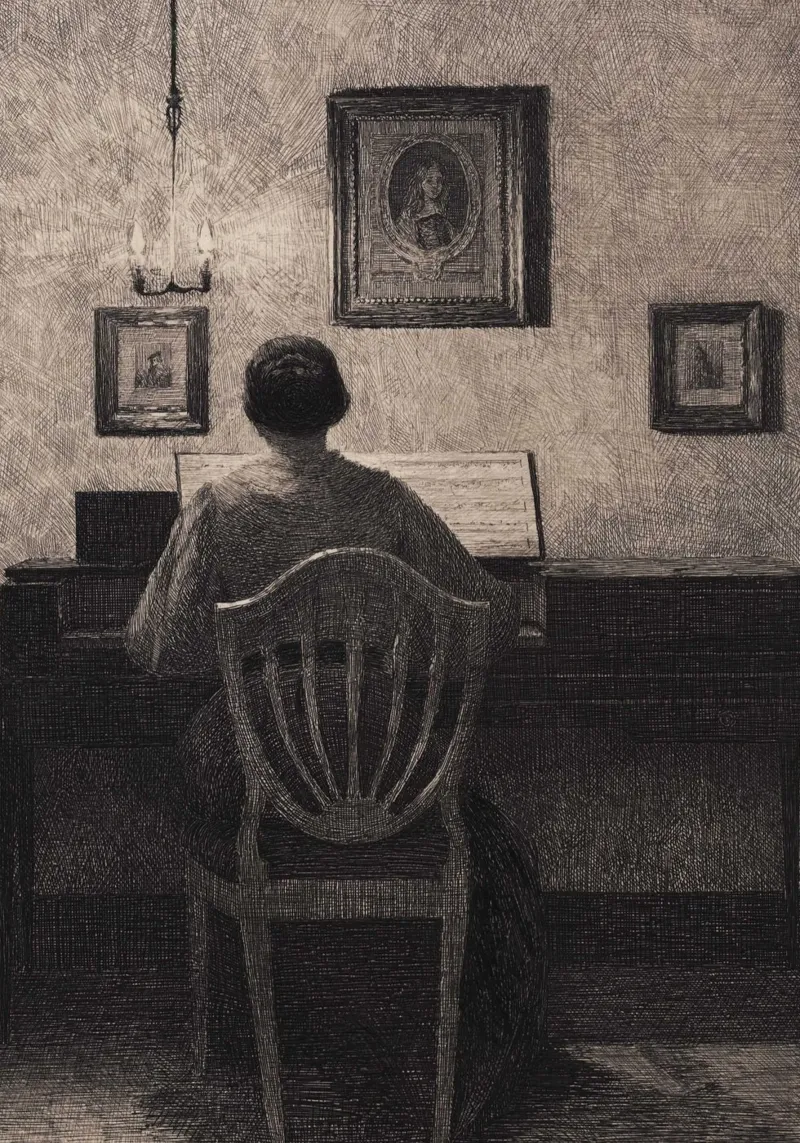 Vilhelm Hammershøi - Interno con donna al pianoforte - Nordic A pellicola backlit da ClubArt