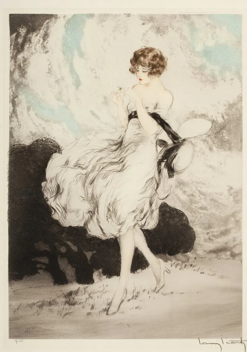 Louis Icart - Flapper in wind - Art Deco Fashion Print canvas met Baklijst van ClubArt