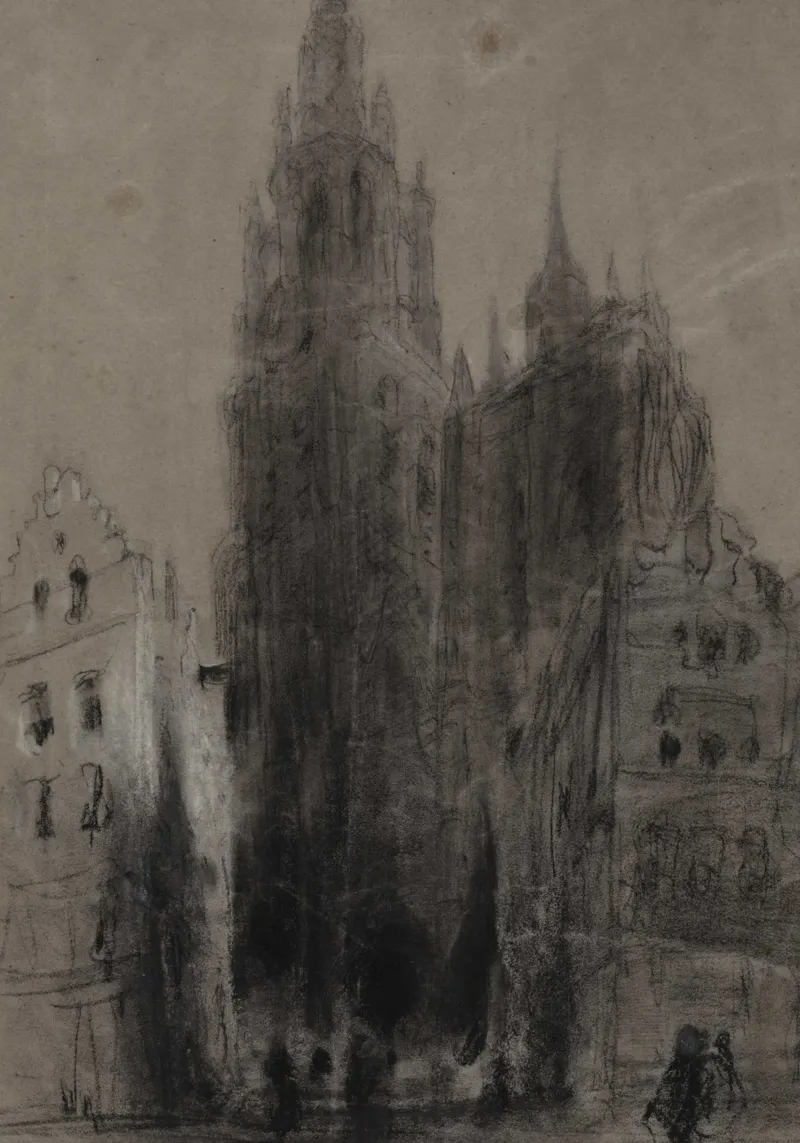 Sfeervol gotisch stadsgezicht - Dark Academia Architectural Art canvas met Baklijst van ClubArt