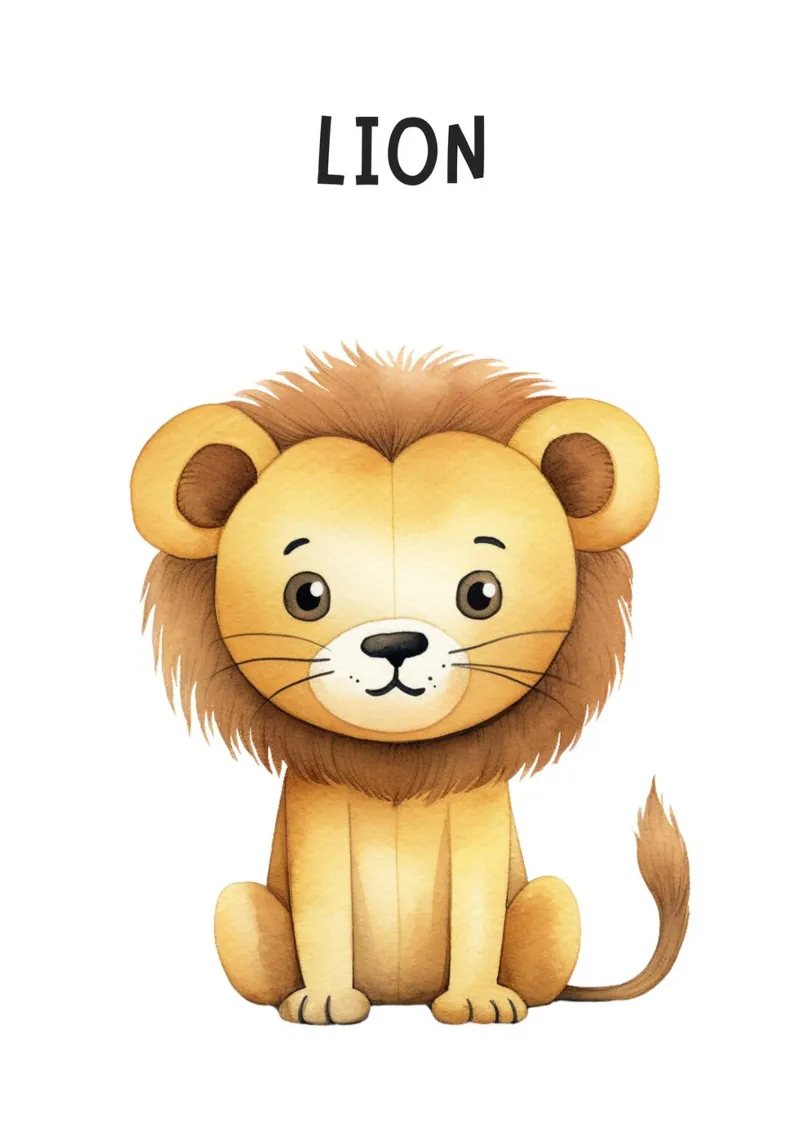 Stampa d'arte ad acquerello di un simpatico leone - Decorazioni per l'asilo nido e per bambini. poster con telaio in alluminio da ClubArt