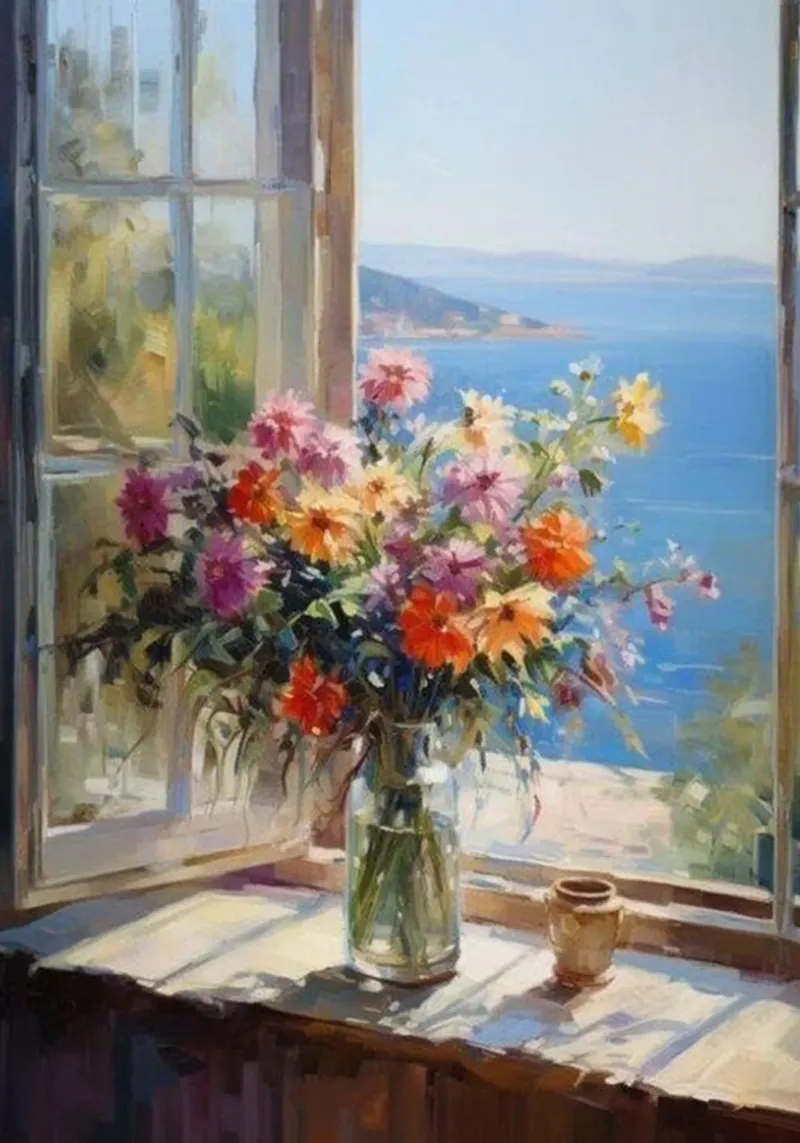 Flower vase on the window and sea view claude monet canvas by belong shop