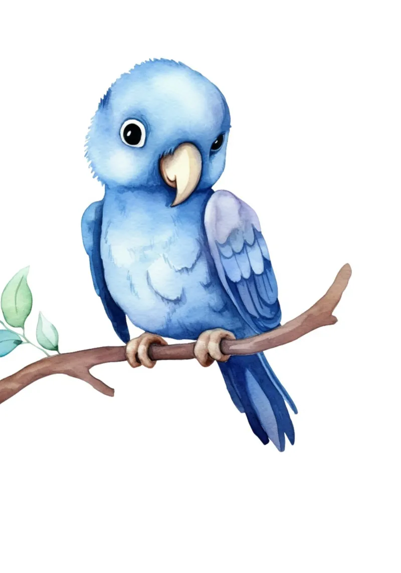 Stampa acquerellata di un simpatico pappagallo blu - Decorazione tropicale per la camera dei bambini poster con telaio in alluminio da ClubArt