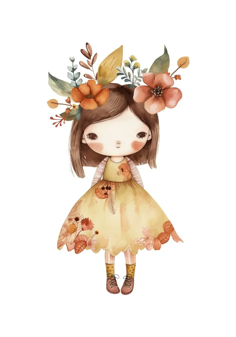 Ragazza autunnale con corona floreale - Acquerello per bambini Boho pellicola backlit da ClubArt